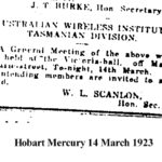 Snippet from Hobart Mercury dated March 14 1923, Depicting a General Meeting Notice