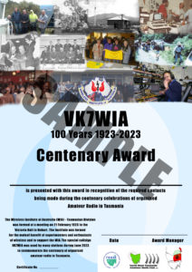 VK7WIA Centenary Award Certificate SAMPLE